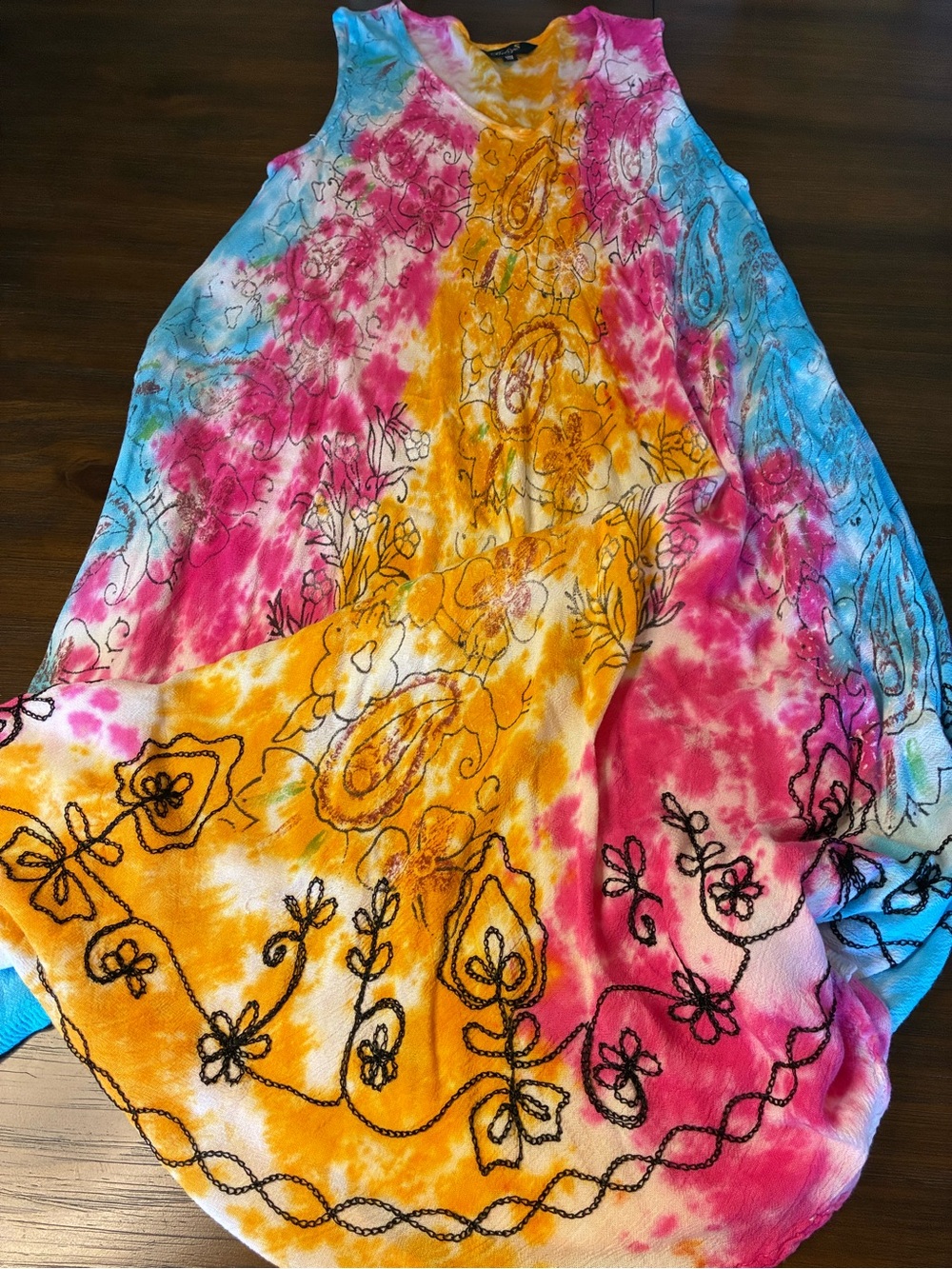 Belize Sleeveless Tie-Dye Maxi Skirt with Floral Embroidery - Multicolor